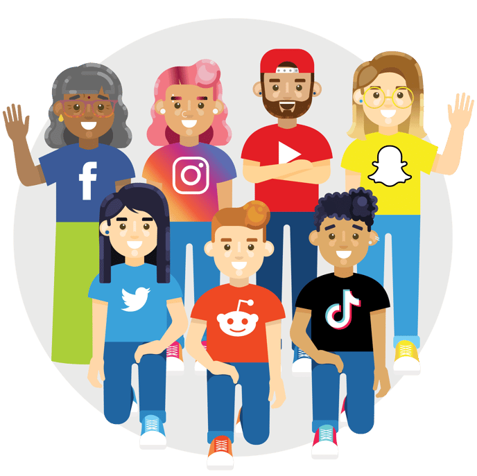 Grouping of people representing various social media platforms, such as Facebook, Instagram, YouTube, Snapchat, Twitter, Reddit, and TikTok